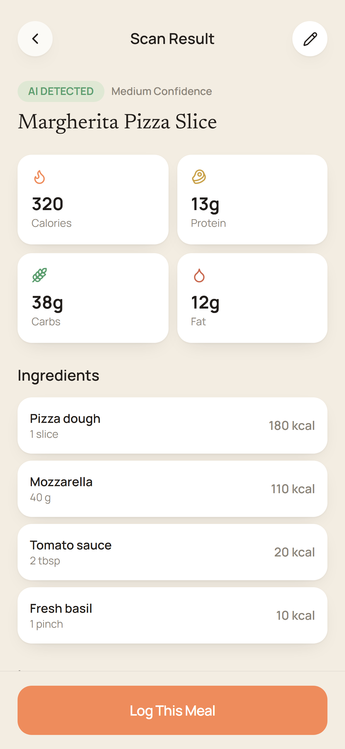 Reviewing an AI-detected meal breakdown in the Nourish Tech app